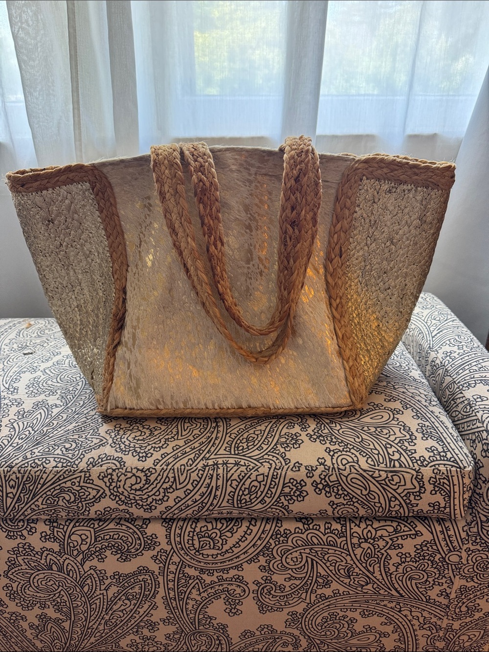 Chloe & Alex Braided Straw Tote with Gold Panels and Embossed Leather - NWOT